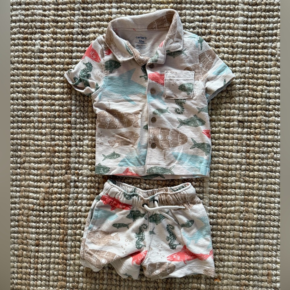 Carter's Baby Sea Print Button-Down Shirt and Pull-On Shorts, Toddler Set - 12M
